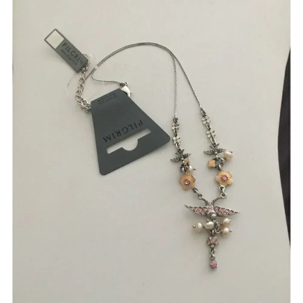 New~ Gorgeous Pilgrim Pink Crystal Floral~Wing & Pearl Necklace
